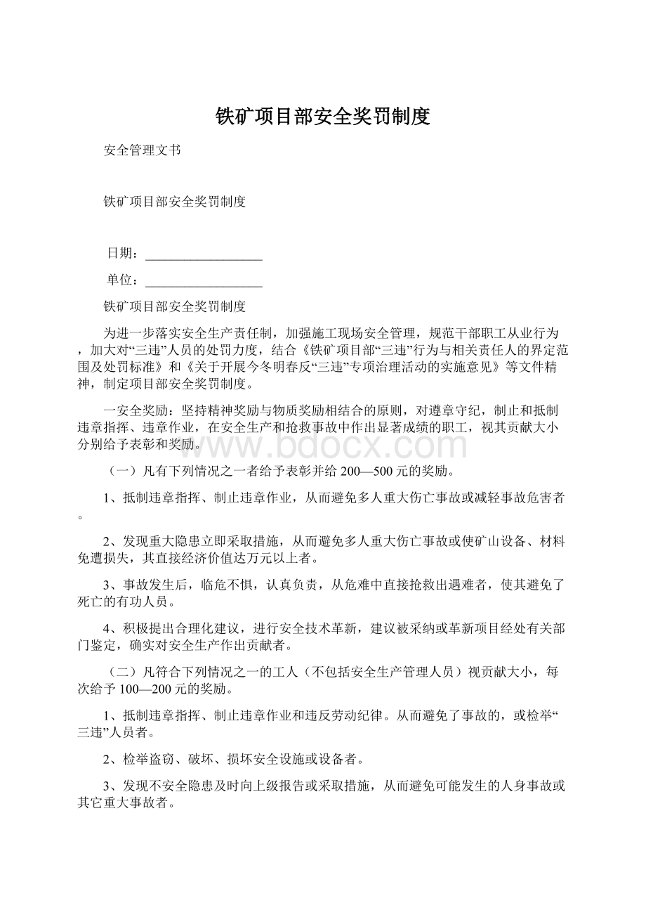 铁矿项目部安全奖罚制度文档格式.docx