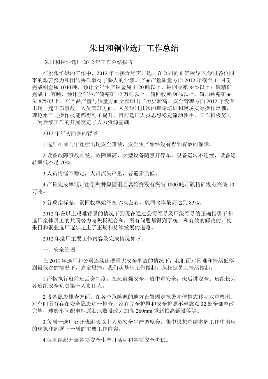 朱日和铜业选厂工作总结Word文档下载推荐.docx_第1页