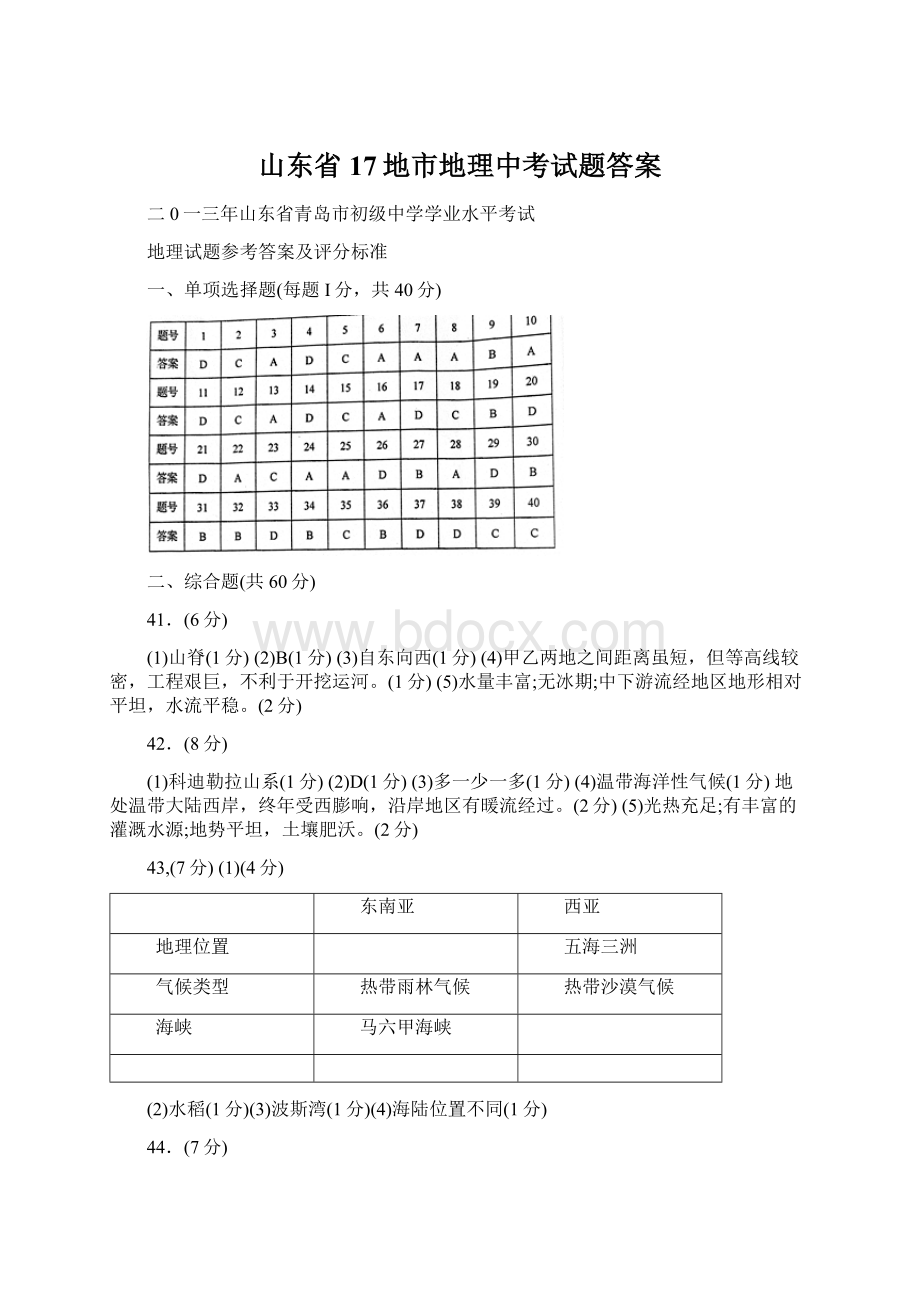 山东省17地市地理中考试题答案.docx_第1页