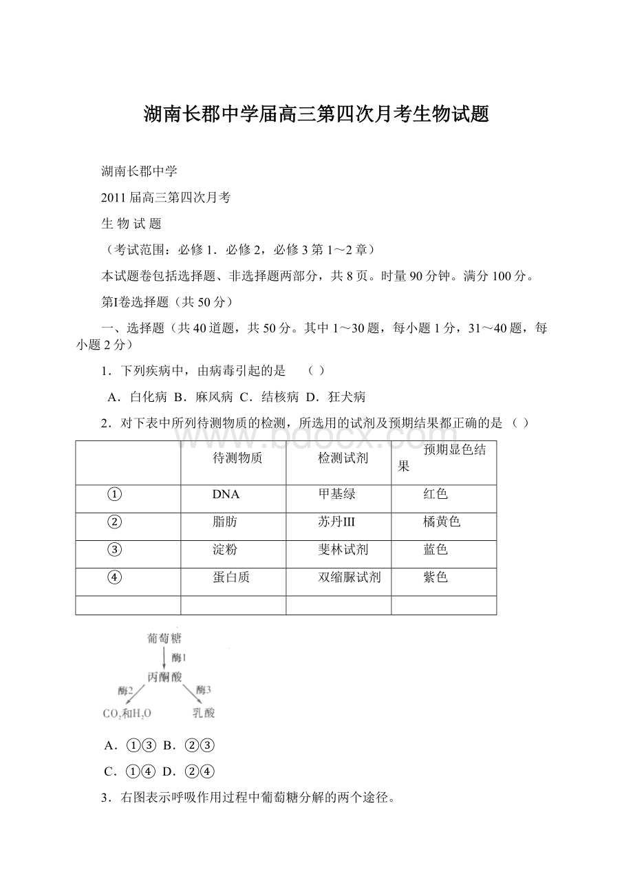 湖南长郡中学届高三第四次月考生物试题文档格式.docx