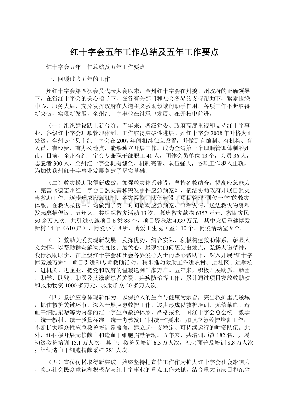 红十字会五年工作总结及五年工作要点Word文档下载推荐.docx