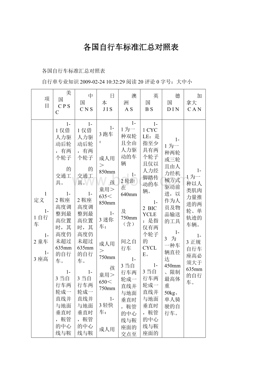 各国自行车标准汇总对照表.docx