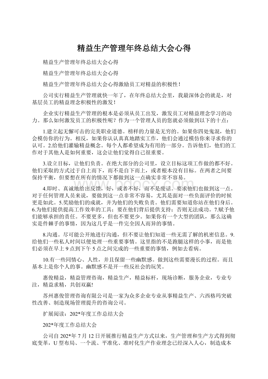 精益生产管理年终总结大会心得文档格式.docx