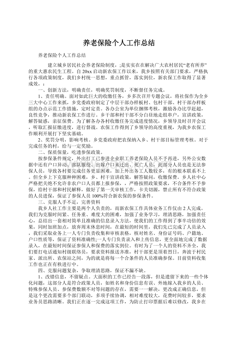 养老保险个人工作总结Word文档格式.docx