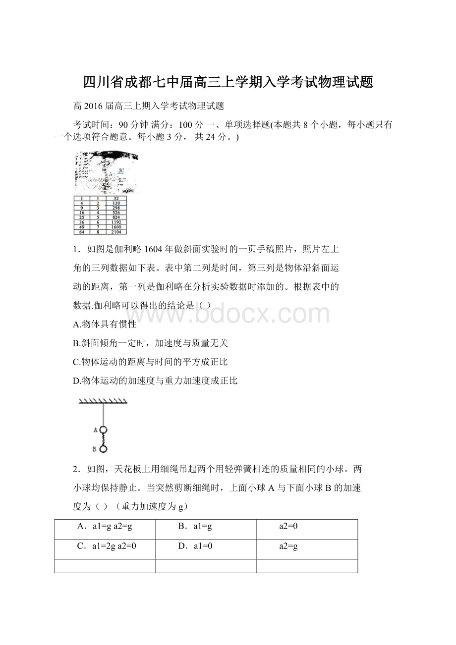 四川省成都七中届高三上学期入学考试物理试题.docx_第1页