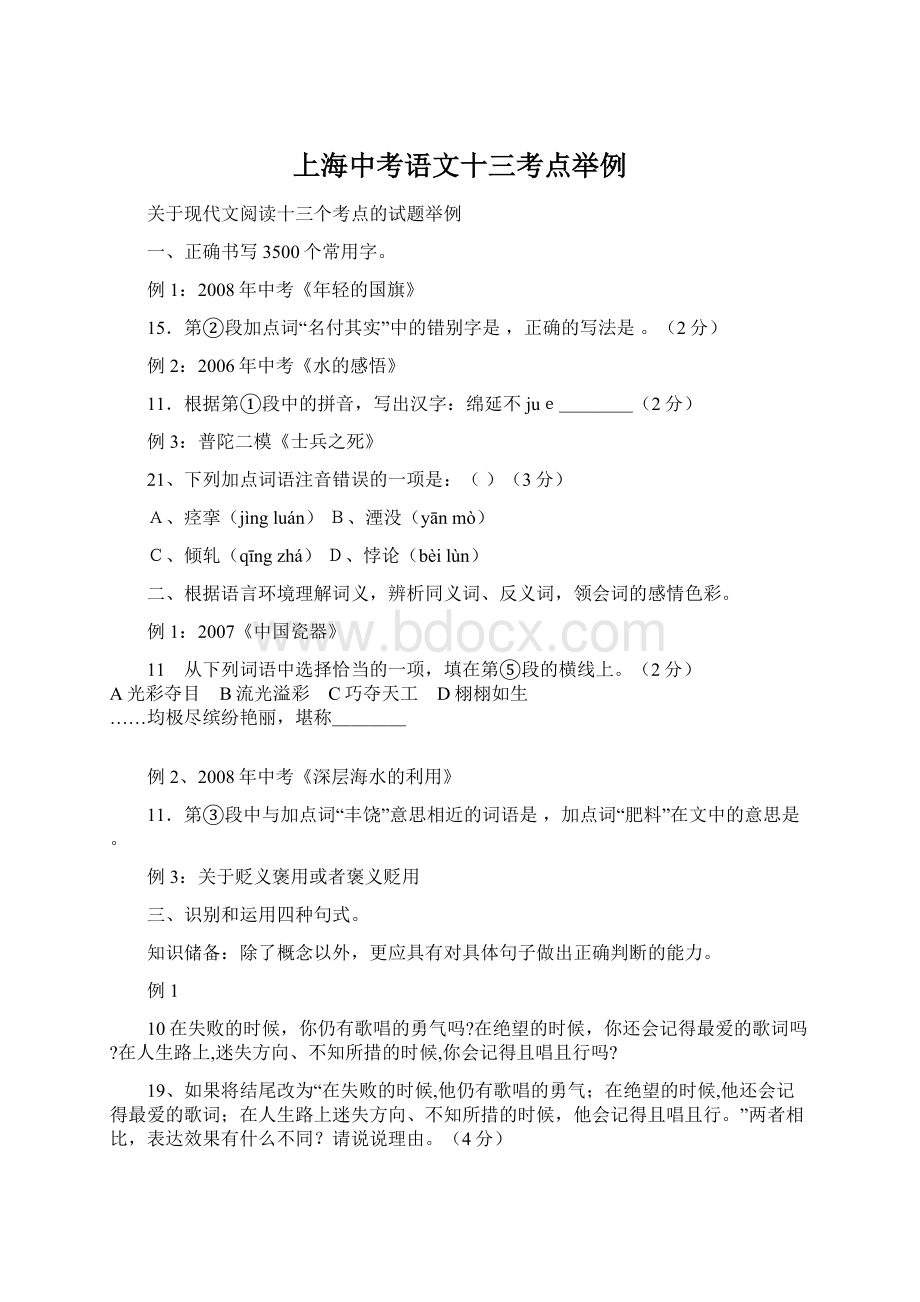 上海中考语文十三考点举例Word格式文档下载.docx_第1页