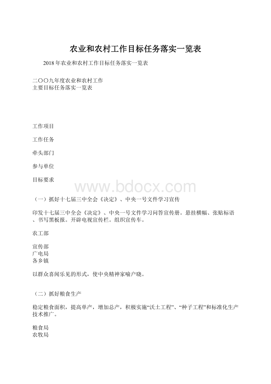 农业和农村工作目标任务落实一览表Word文档下载推荐.docx_第1页