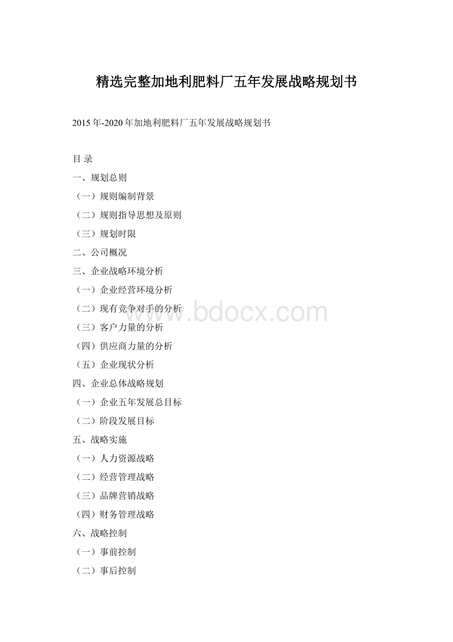 精选完整加地利肥料厂五年发展战略规划书.docx_第1页