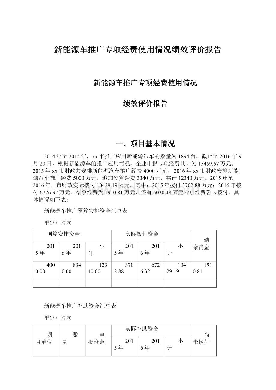 新能源车推广专项经费使用情况绩效评价报告Word文件下载.docx