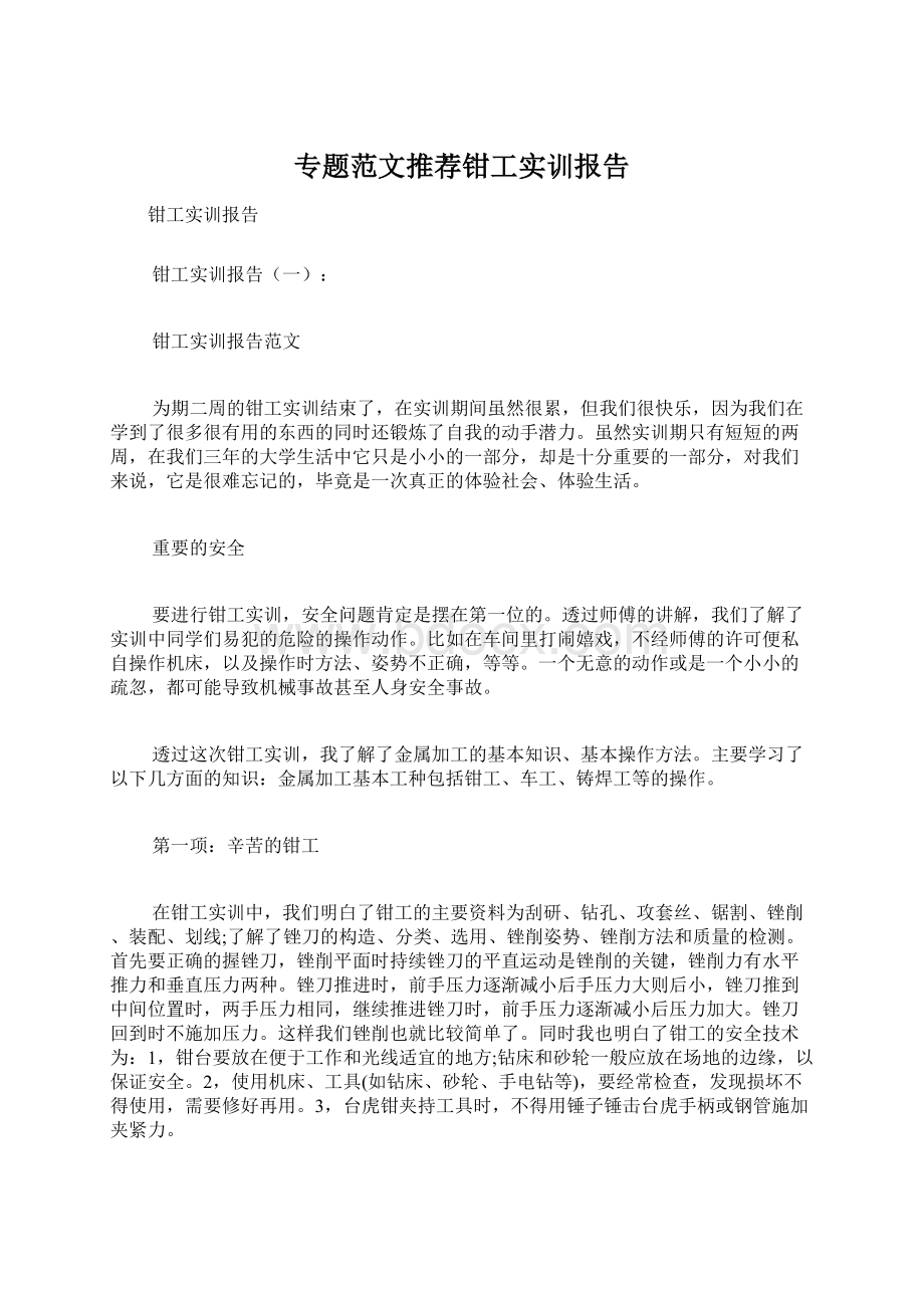 专题范文推荐钳工实训报告Word文档格式.docx_第1页