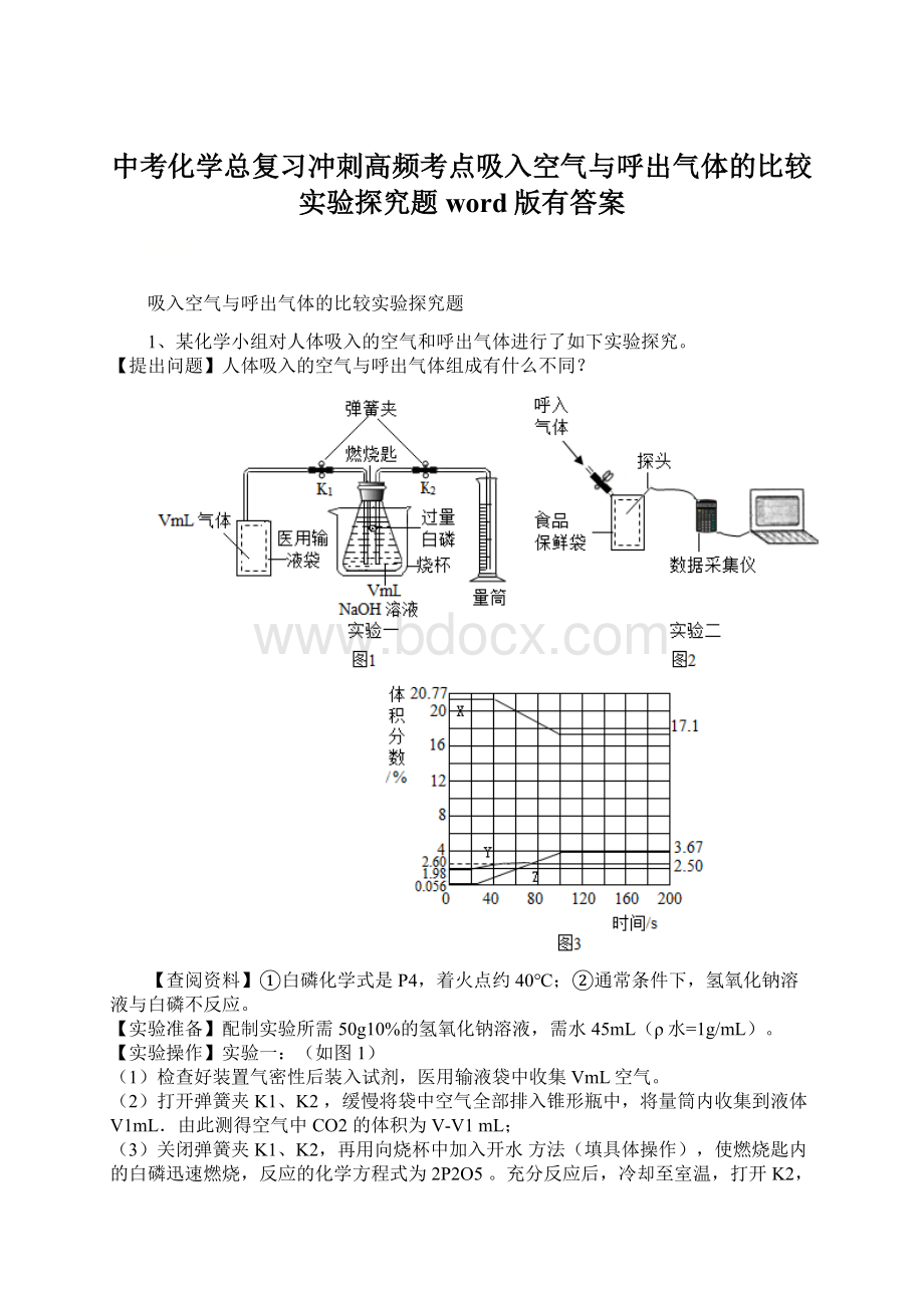 中考化学总复习冲刺高频考点吸入空气与呼出气体的比较实验探究题word版有答案.docx_第1页