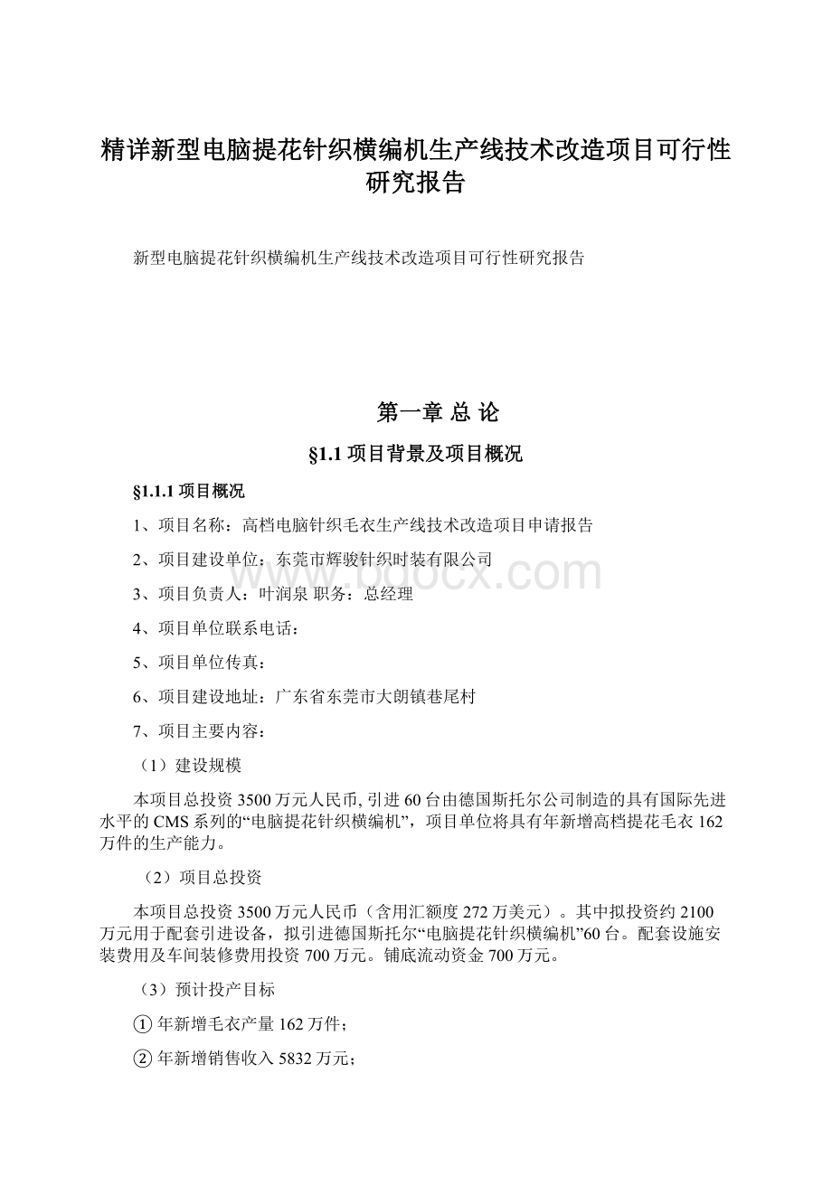 精详新型电脑提花针织横编机生产线技术改造项目可行性研究报告Word下载.docx