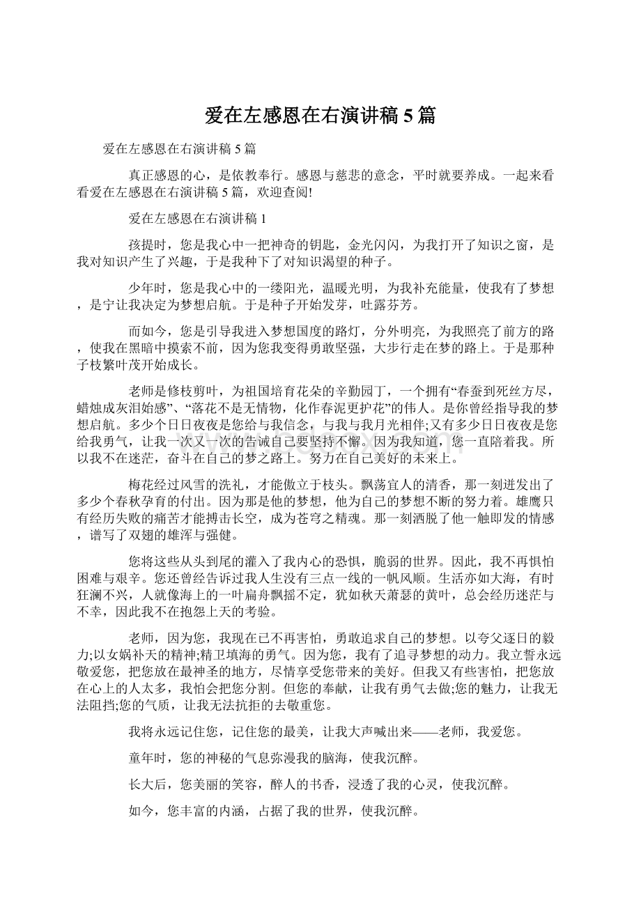 爱在左感恩在右演讲稿5篇Word文档下载推荐.docx