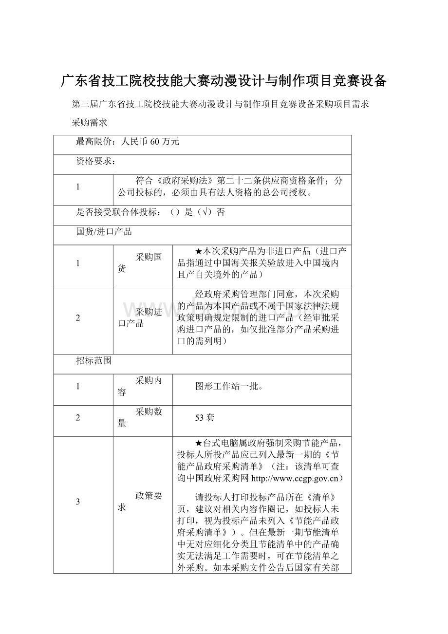 广东省技工院校技能大赛动漫设计与制作项目竞赛设备Word文件下载.docx