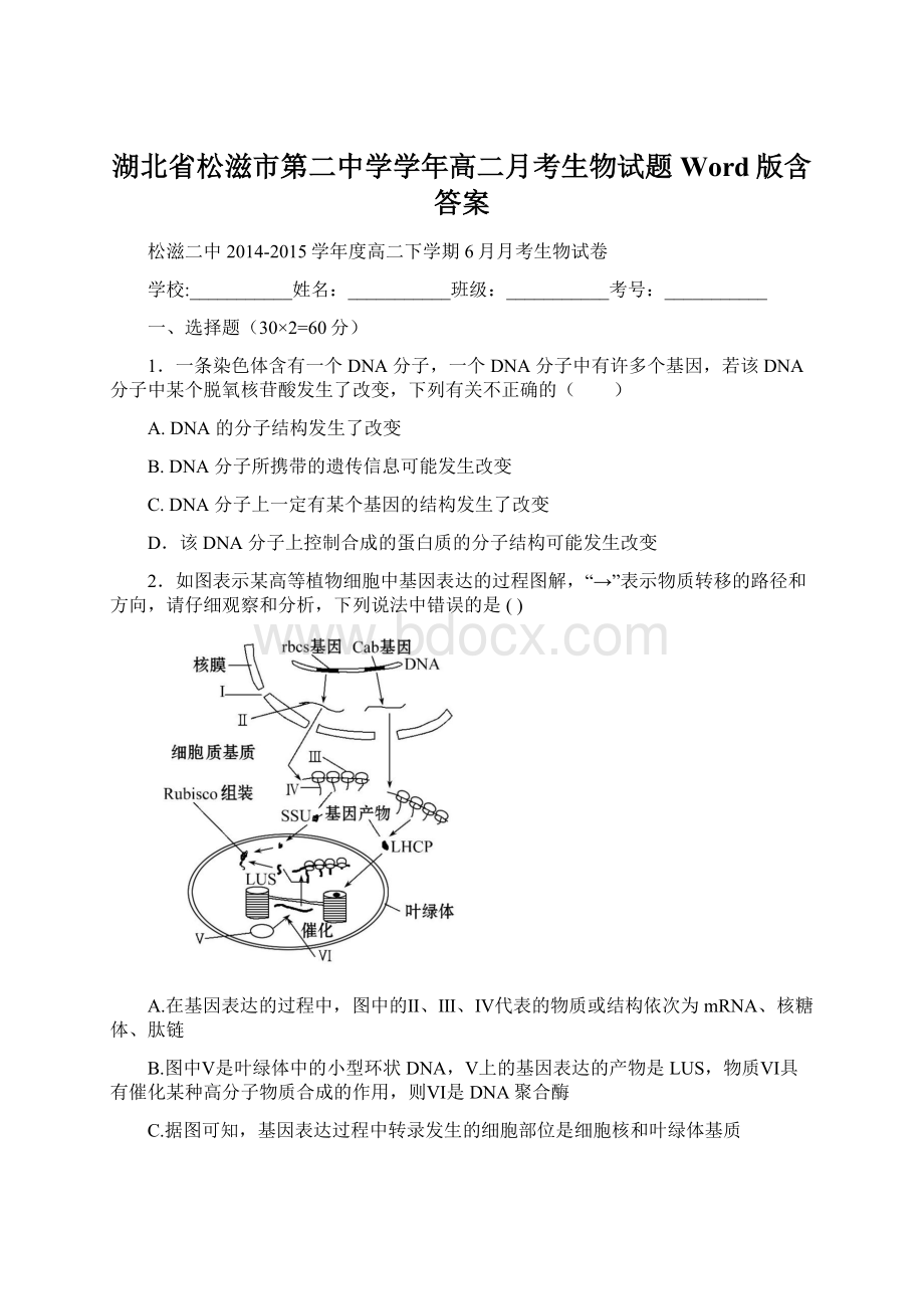 湖北省松滋市第二中学学年高二月考生物试题 Word版含答案.docx_第1页