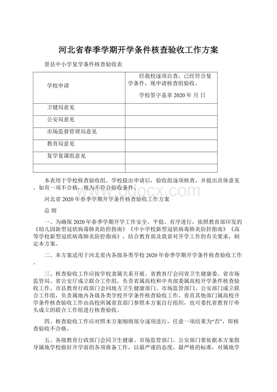 河北省春季学期开学条件核查验收工作方案.docx_第1页