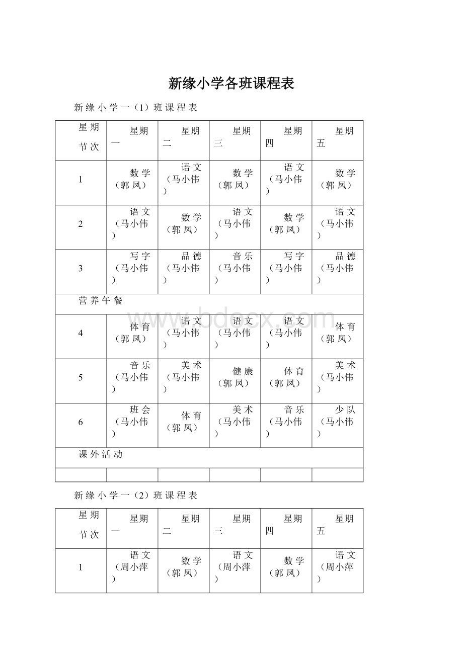 新缘小学各班课程表.docx_第1页