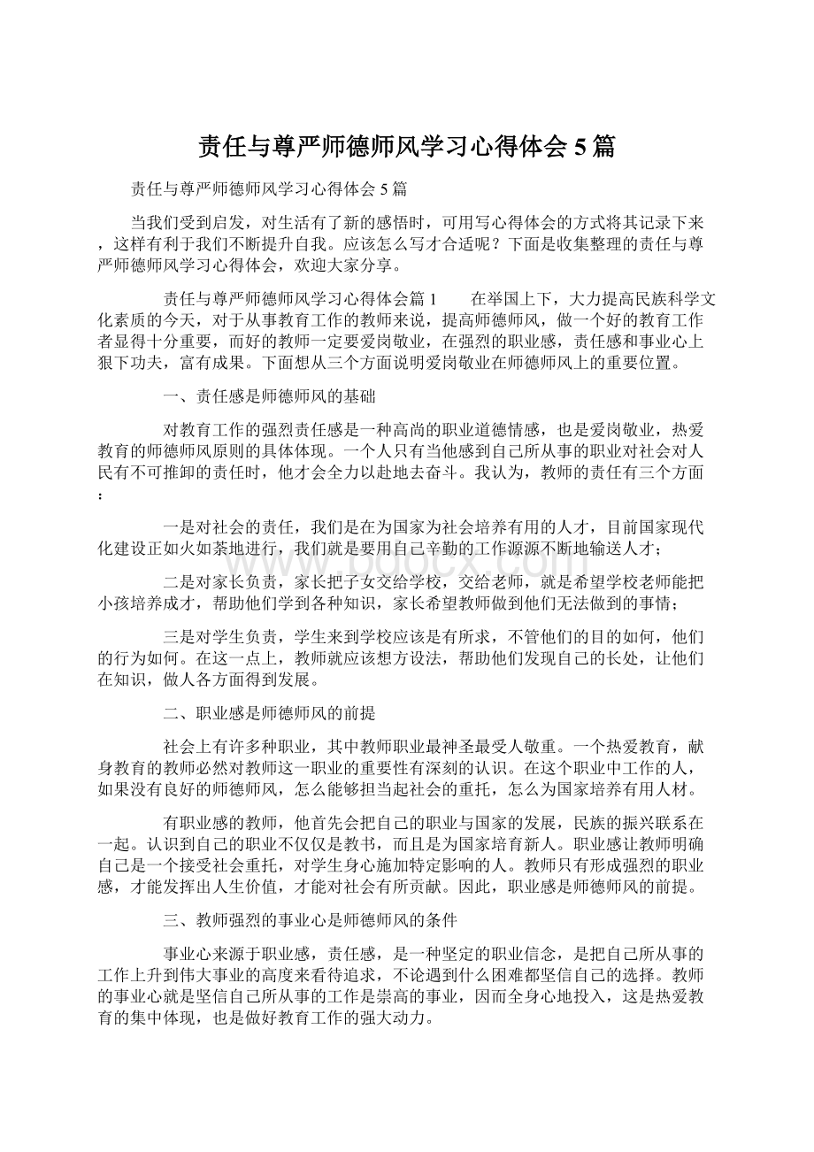 责任与尊严师德师风学习心得体会5篇Word格式.docx