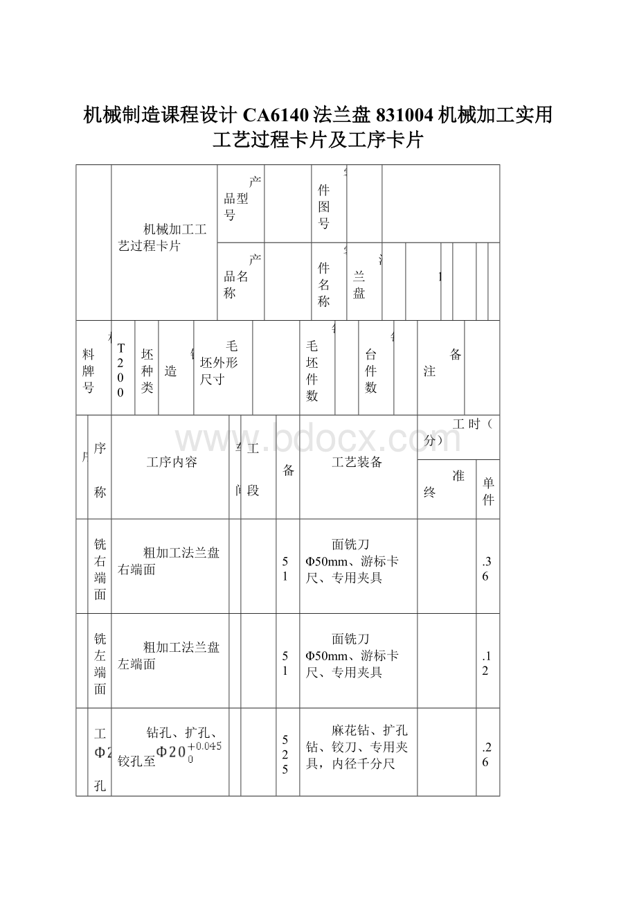 机械制造课程设计CA6140法兰盘831004机械加工实用工艺过程卡片及工序卡片Word格式.docx