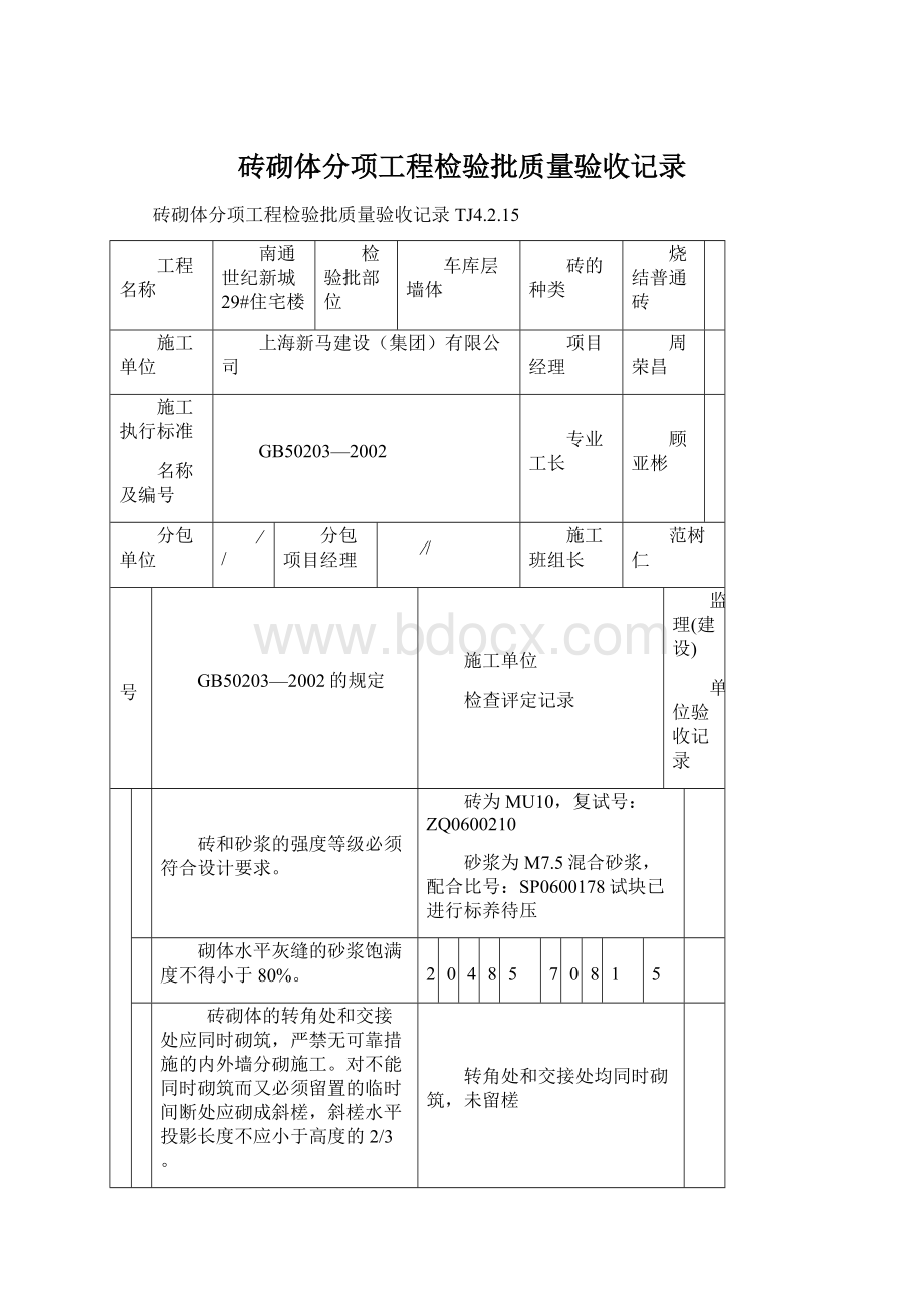 砖砌体分项工程检验批质量验收记录Word下载.docx_第1页