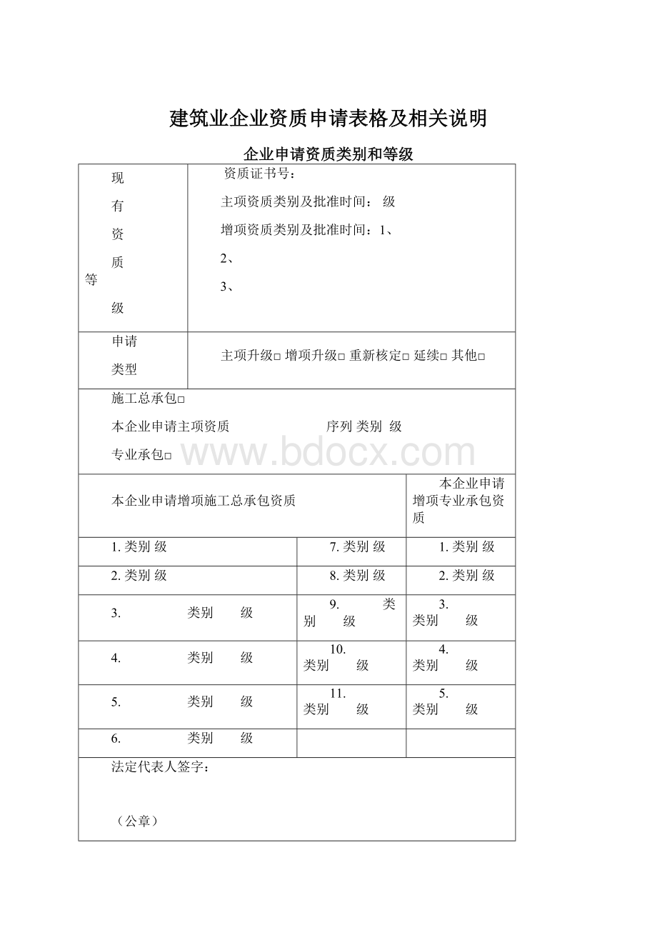 建筑业企业资质申请表格及相关说明Word文档下载推荐.docx