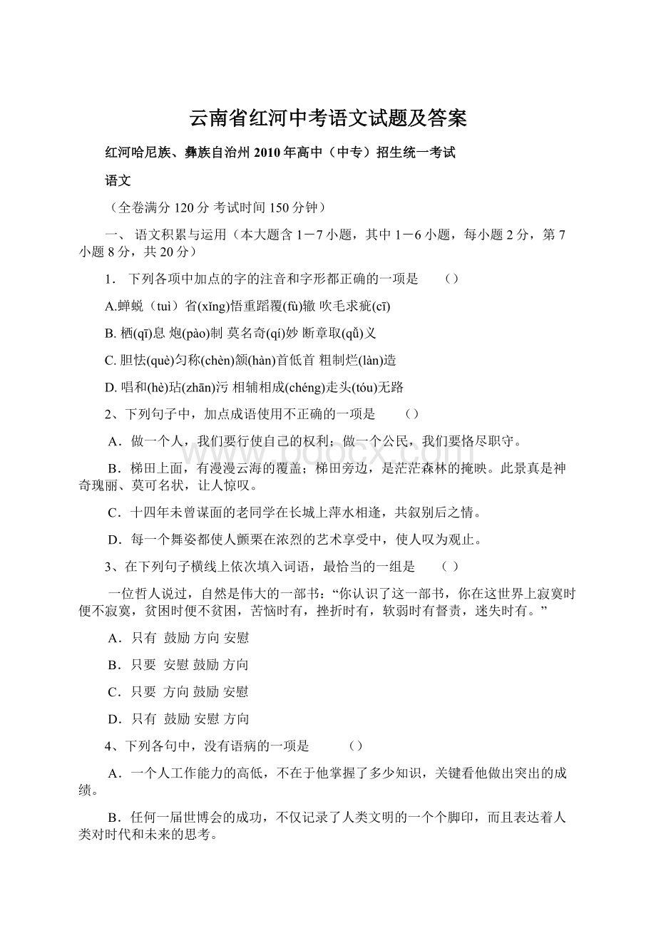 云南省红河中考语文试题及答案Word格式.docx