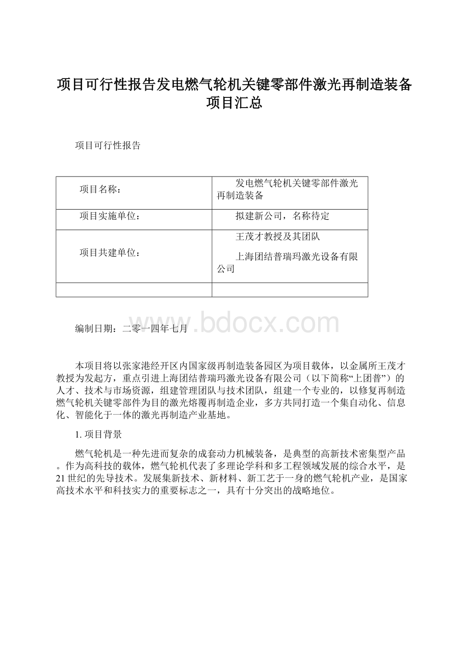 项目可行性报告发电燃气轮机关键零部件激光再制造装备项目汇总.docx