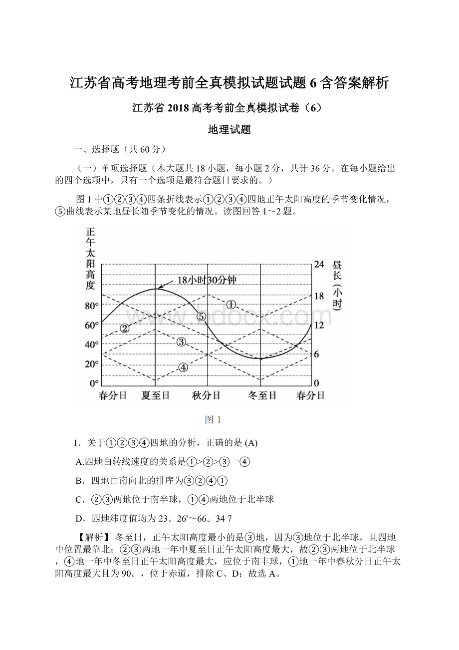 江苏省高考地理考前全真模拟试题试题6含答案解析.docx