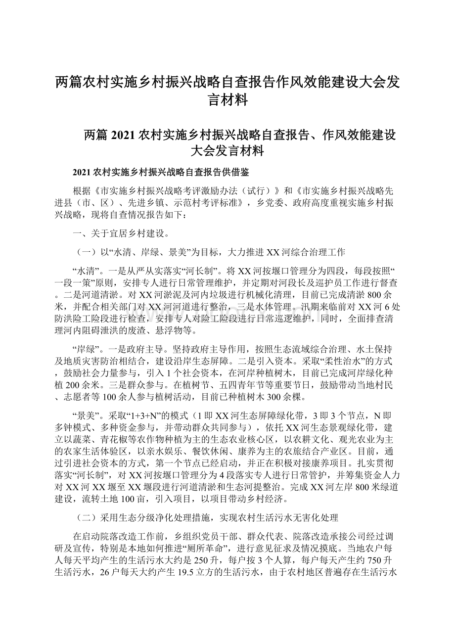 两篇农村实施乡村振兴战略自查报告作风效能建设大会发言材料Word文件下载.docx_第1页