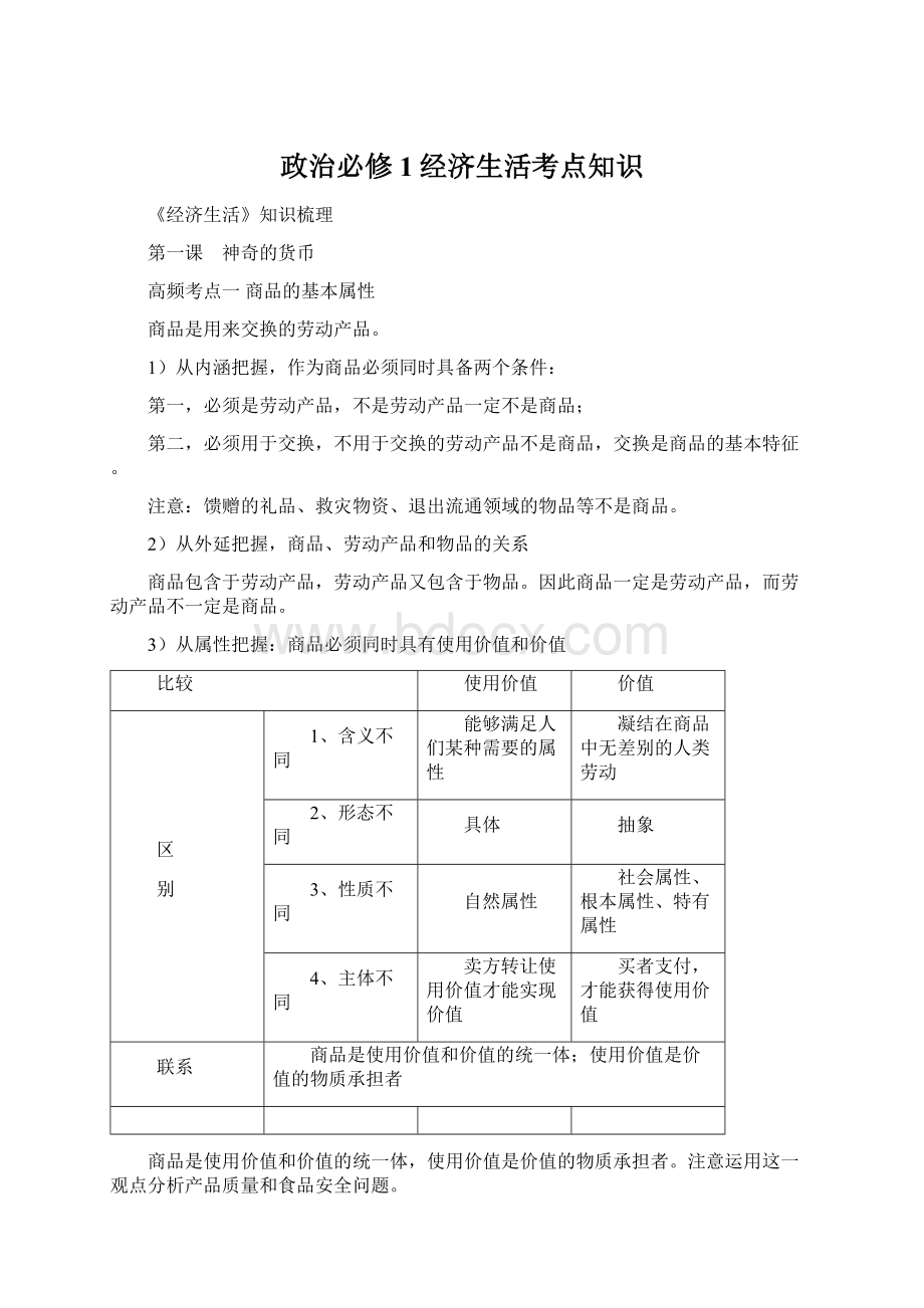 政治必修1经济生活考点知识.docx