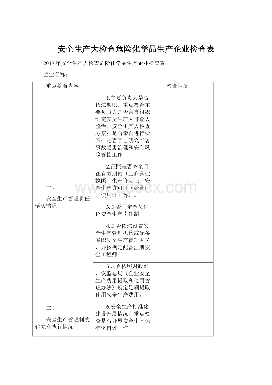 安全生产大检查危险化学品生产企业检查表.docx