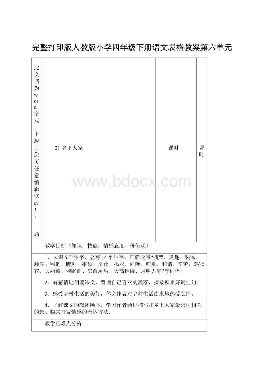 完整打印版人教版小学四年级下册语文表格教案第六单元.docx_第1页