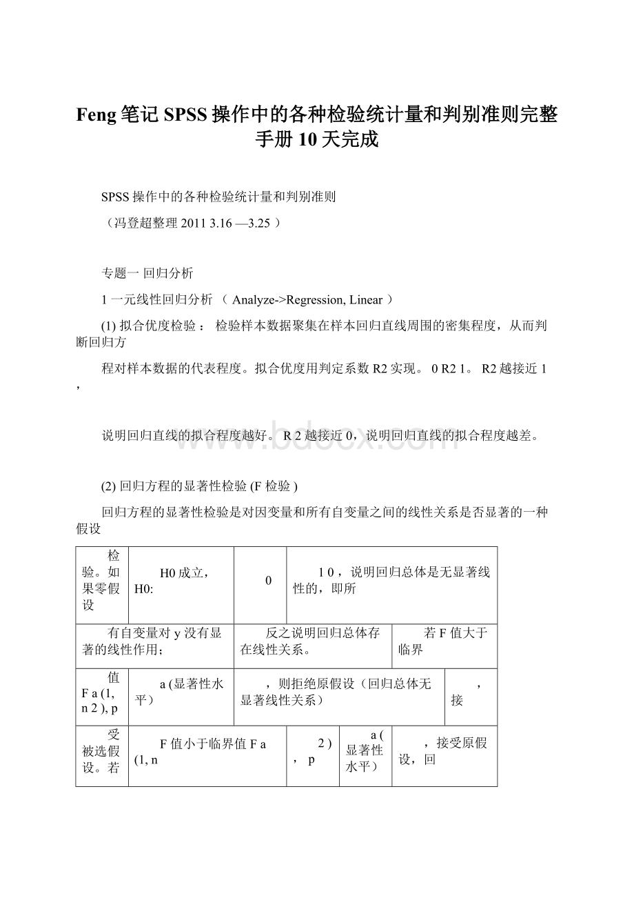 Feng笔记SPSS操作中的各种检验统计量和判别准则完整手册10天完成Word下载.docx_第1页