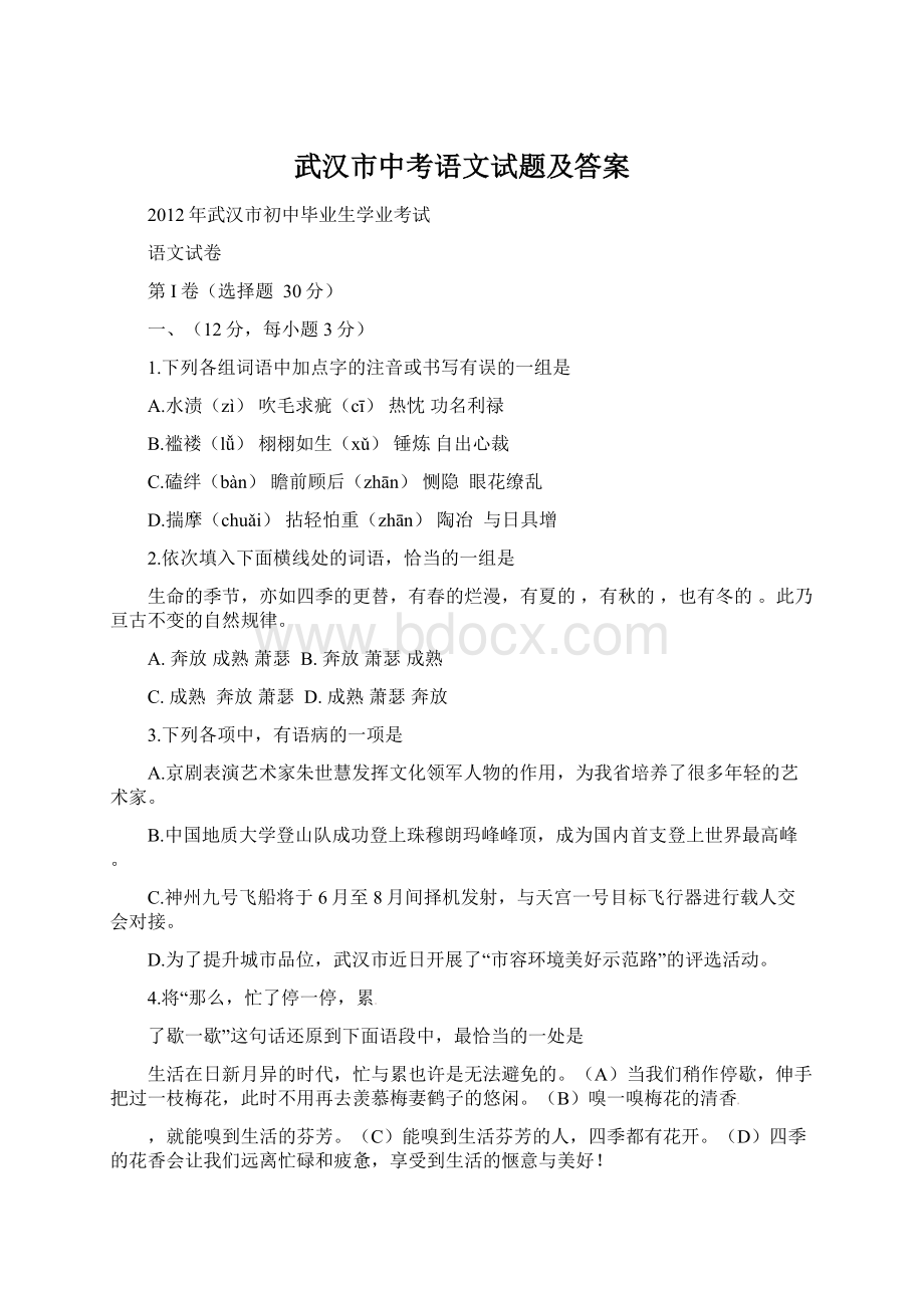 武汉市中考语文试题及答案.docx