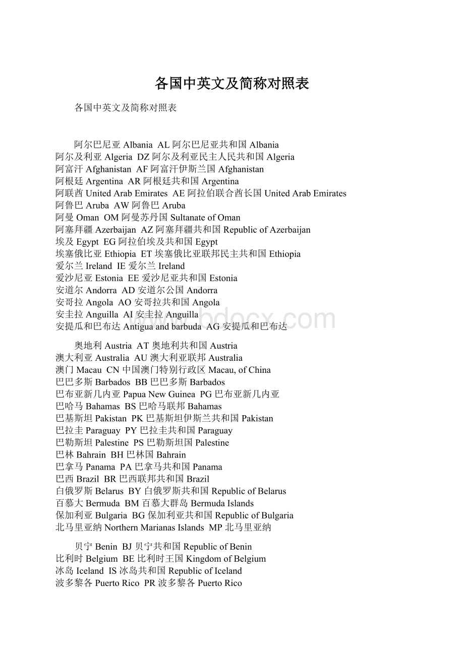 各国中英文及简称对照表Word文件下载.docx