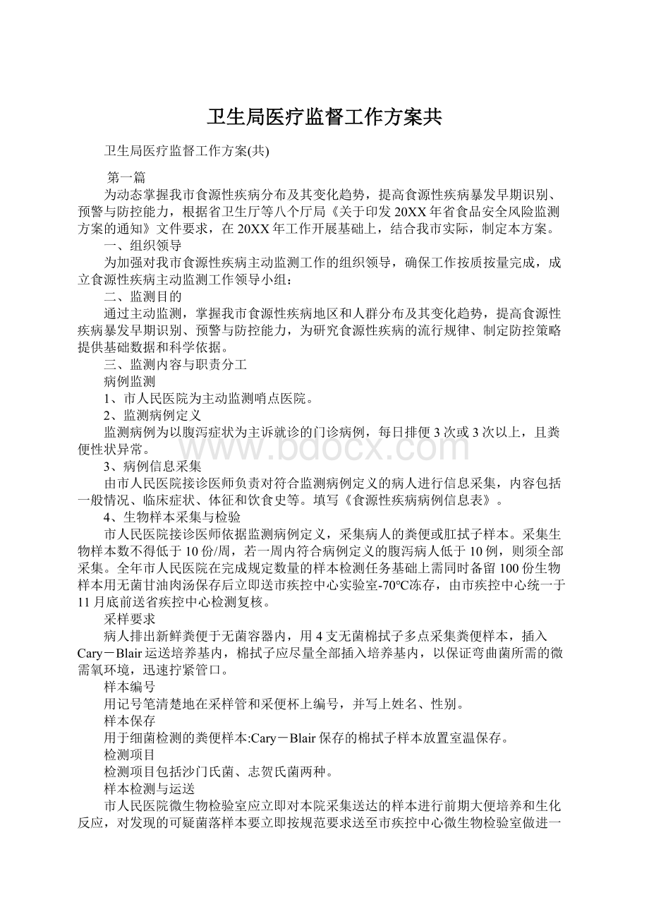 卫生局医疗监督工作方案共Word文档下载推荐.docx_第1页