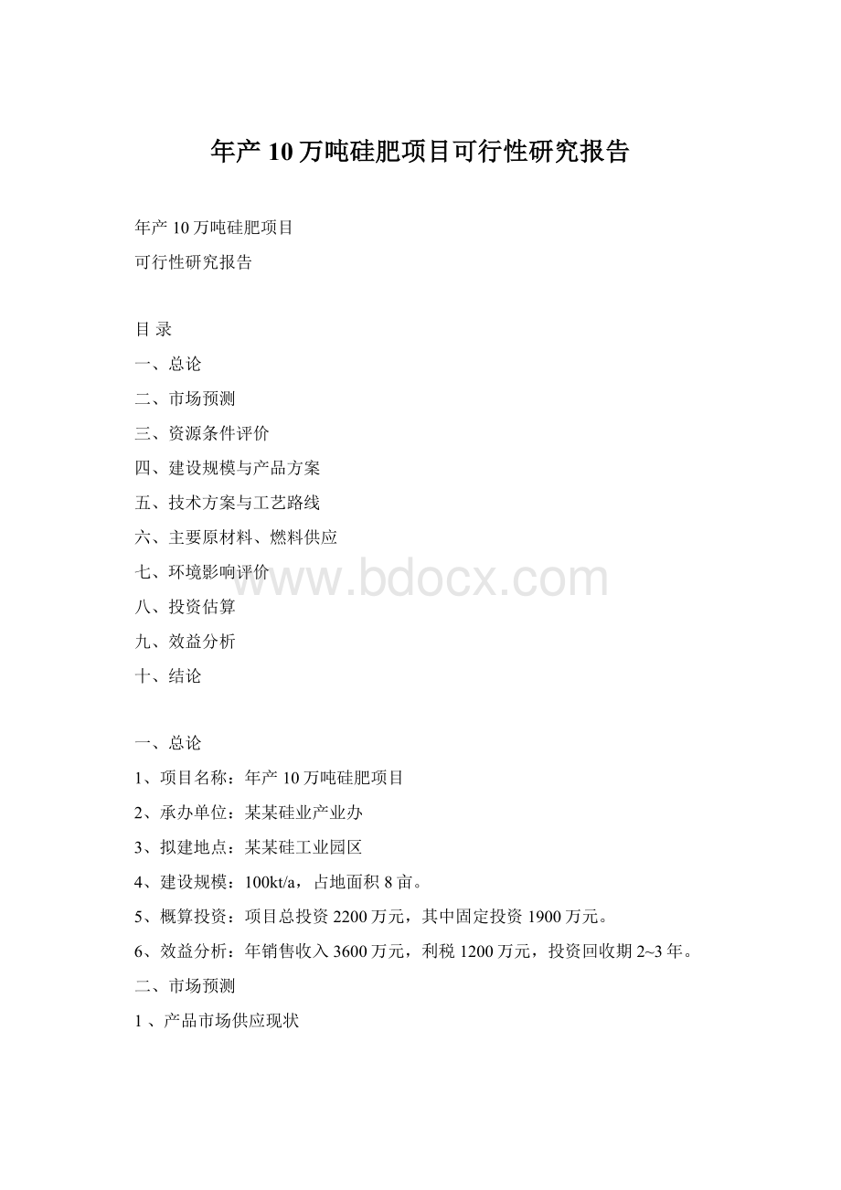 年产10万吨硅肥项目可行性研究报告Word格式文档下载.docx