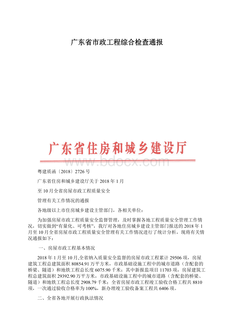 广东省市政工程综合检查通报文档格式.docx