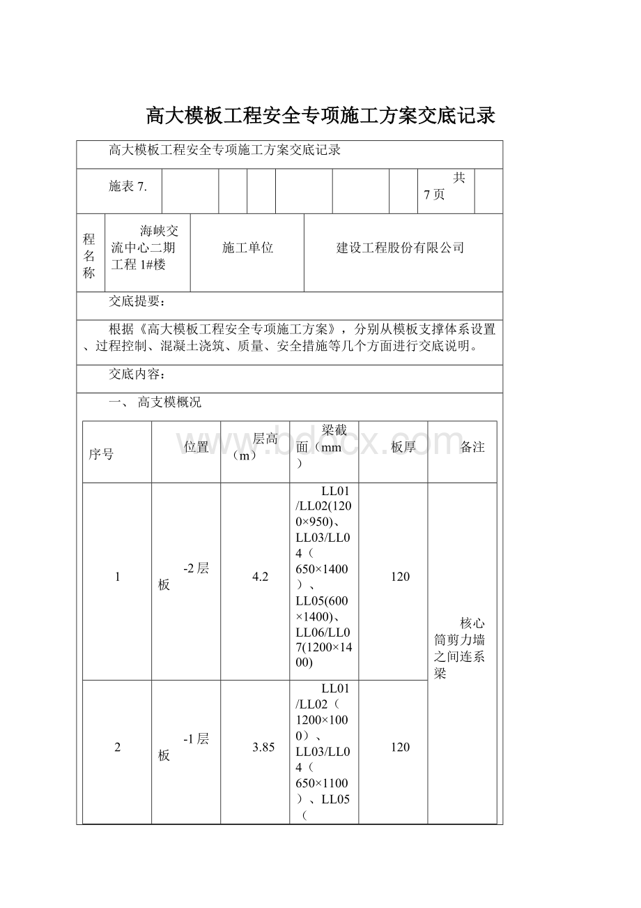 高大模板工程安全专项施工方案交底记录Word下载.docx_第1页