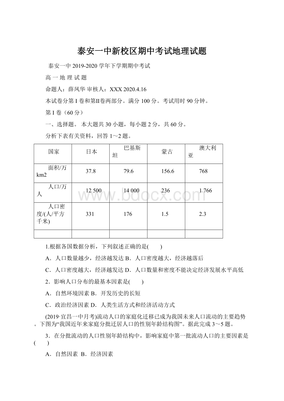 泰安一中新校区期中考试地理试题.docx