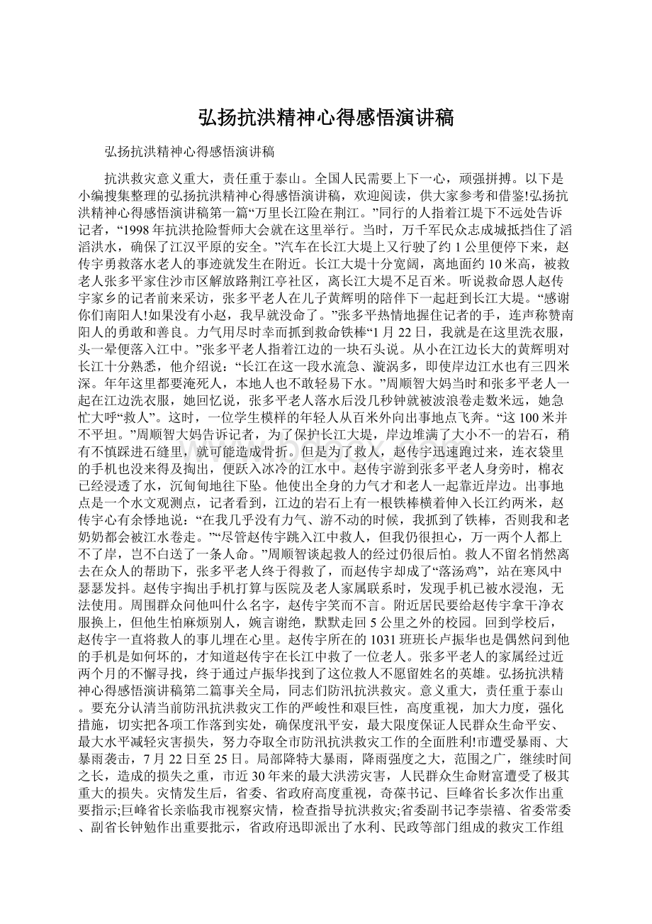 弘扬抗洪精神心得感悟演讲稿.docx