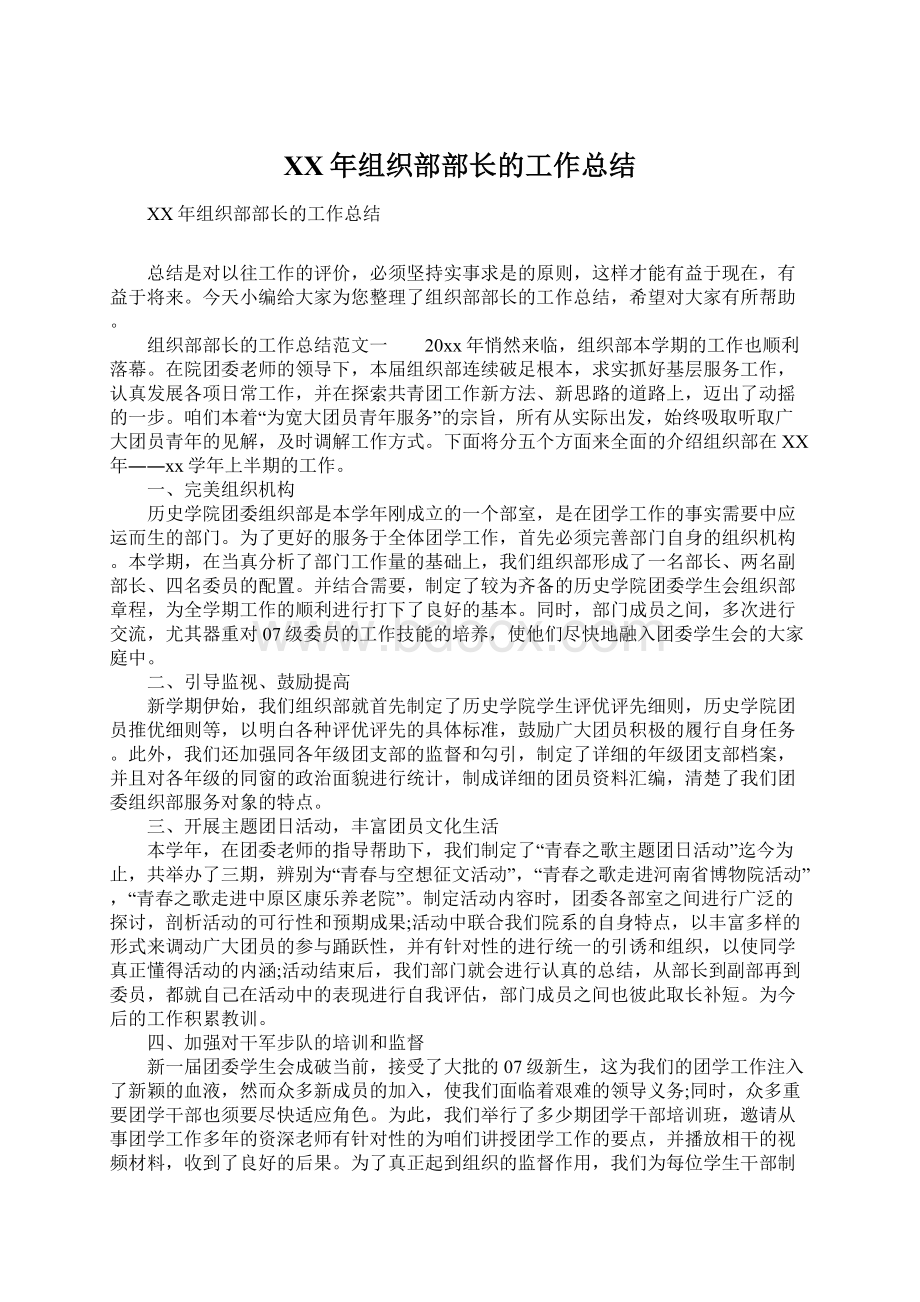 XX年组织部部长的工作总结Word文档格式.docx_第1页