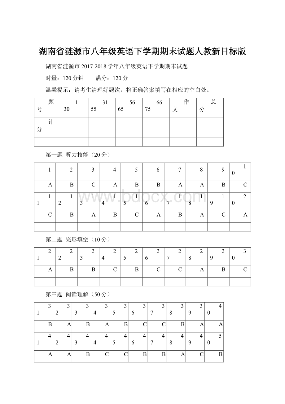 湖南省涟源市八年级英语下学期期末试题人教新目标版.docx