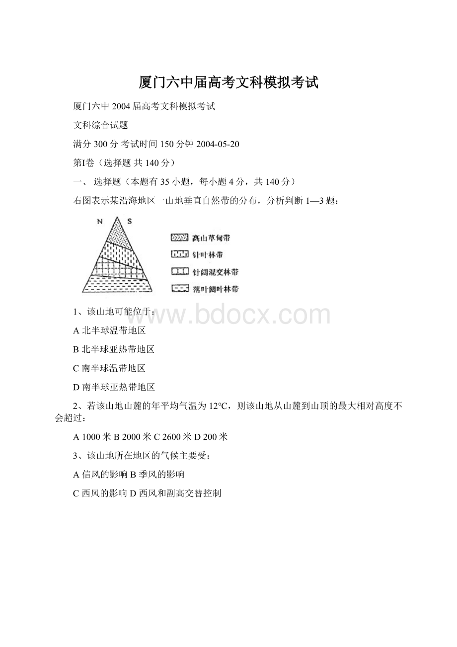 厦门六中届高考文科模拟考试.docx