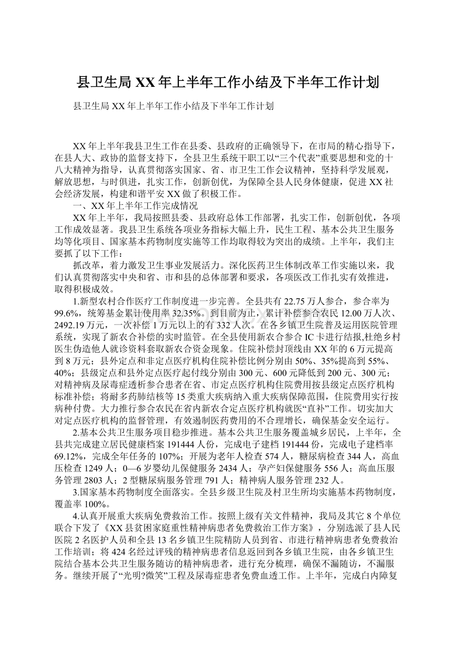 县卫生局XX年上半年工作小结及下半年工作计划.docx