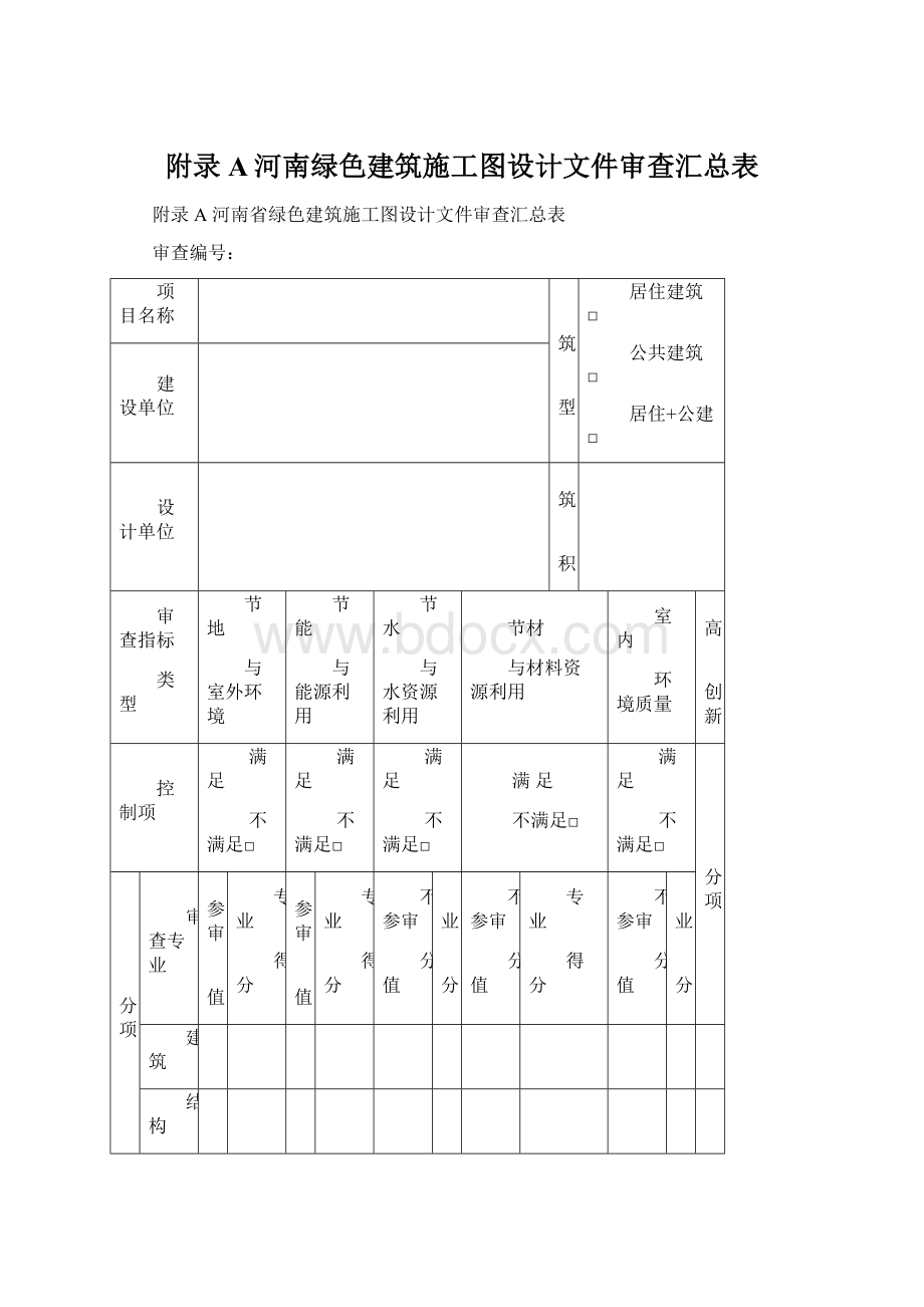 附录A河南绿色建筑施工图设计文件审查汇总表Word下载.docx_第1页