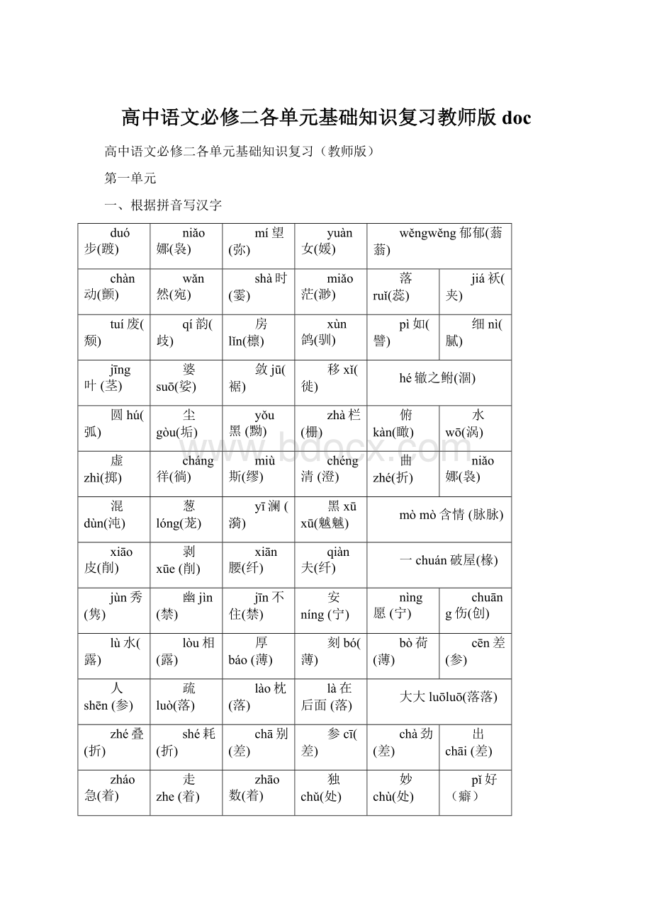 高中语文必修二各单元基础知识复习教师版 doc文档格式.docx_第1页