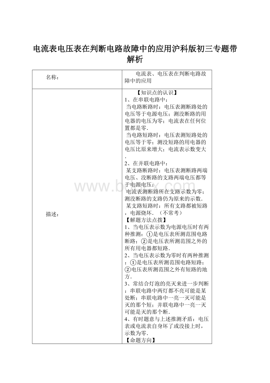 电流表电压表在判断电路故障中的应用沪科版初三专题带解析文档格式.docx_第1页