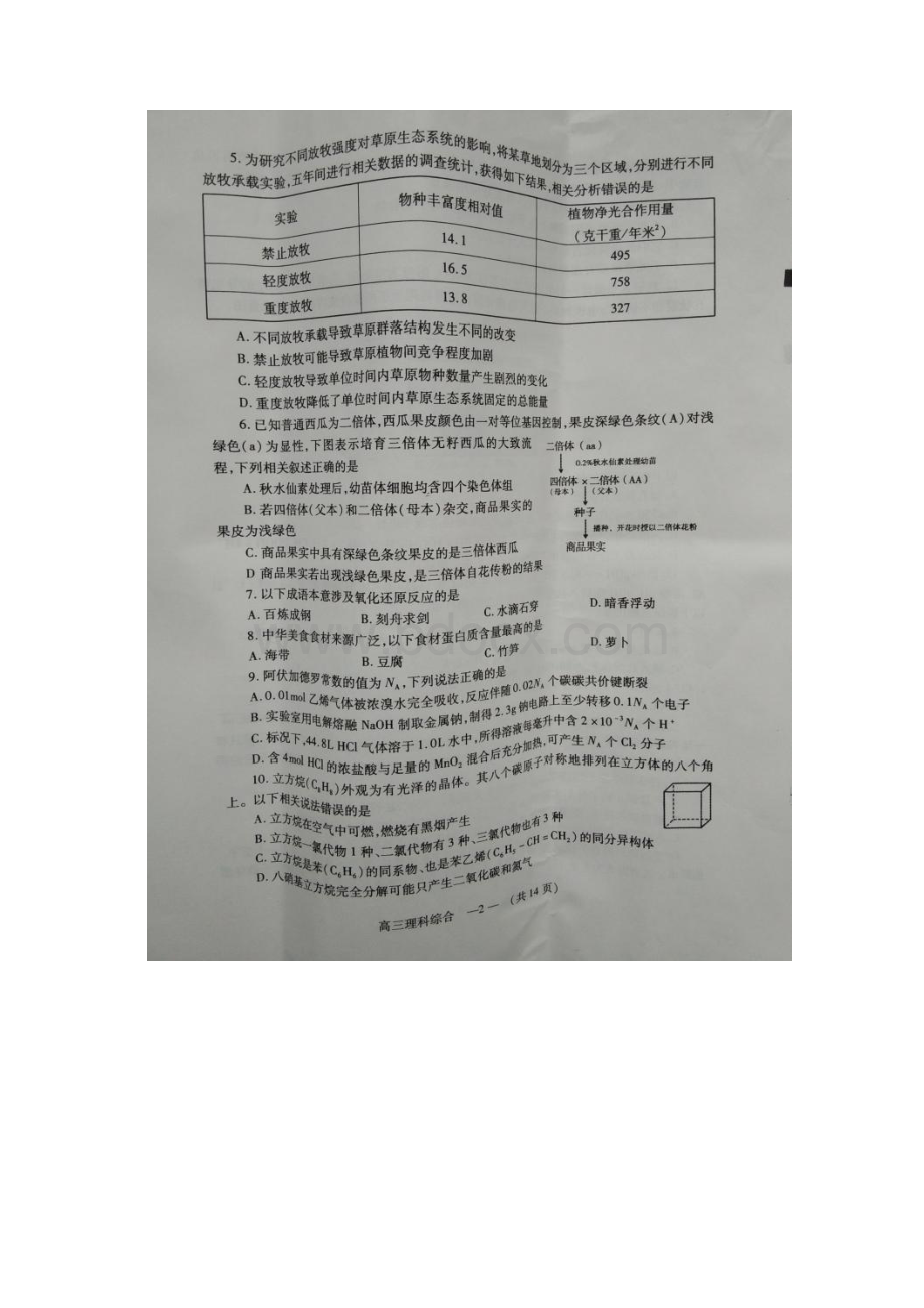 届福建省福州市高三下学期质量检测理综扫描版含答案文档格式.docx_第2页