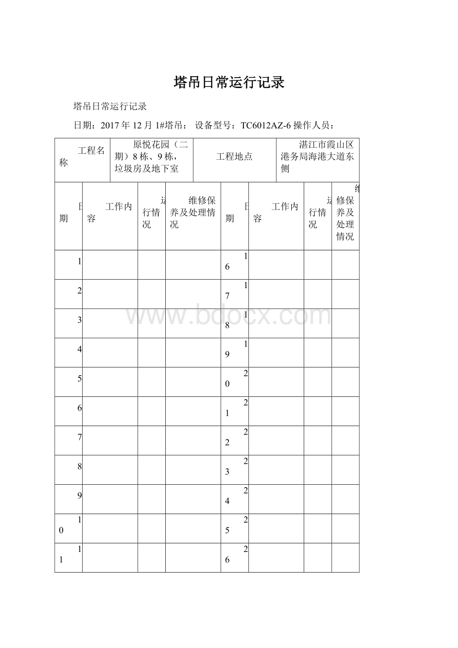 塔吊日常运行记录Word下载.docx